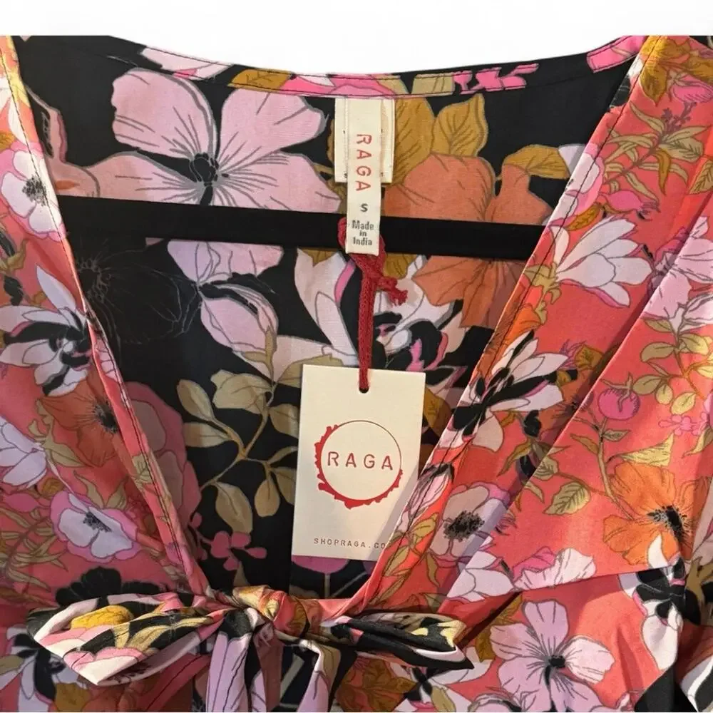 NEW RAGA Vera Floral Boho High Low Flowy Maxi Dress Tie Front Cottagecore Size S - Picture 8 of 9